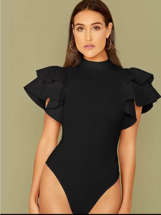 SHEIN Tops - SHEIN Black Ruffle Sleeve One-Piece Bodysuit